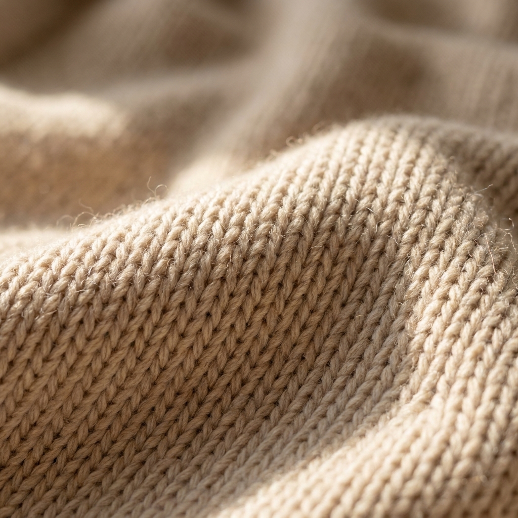 Close-up of a soft knitted sweater fabric showing smooth V-shaped stitches in natural light