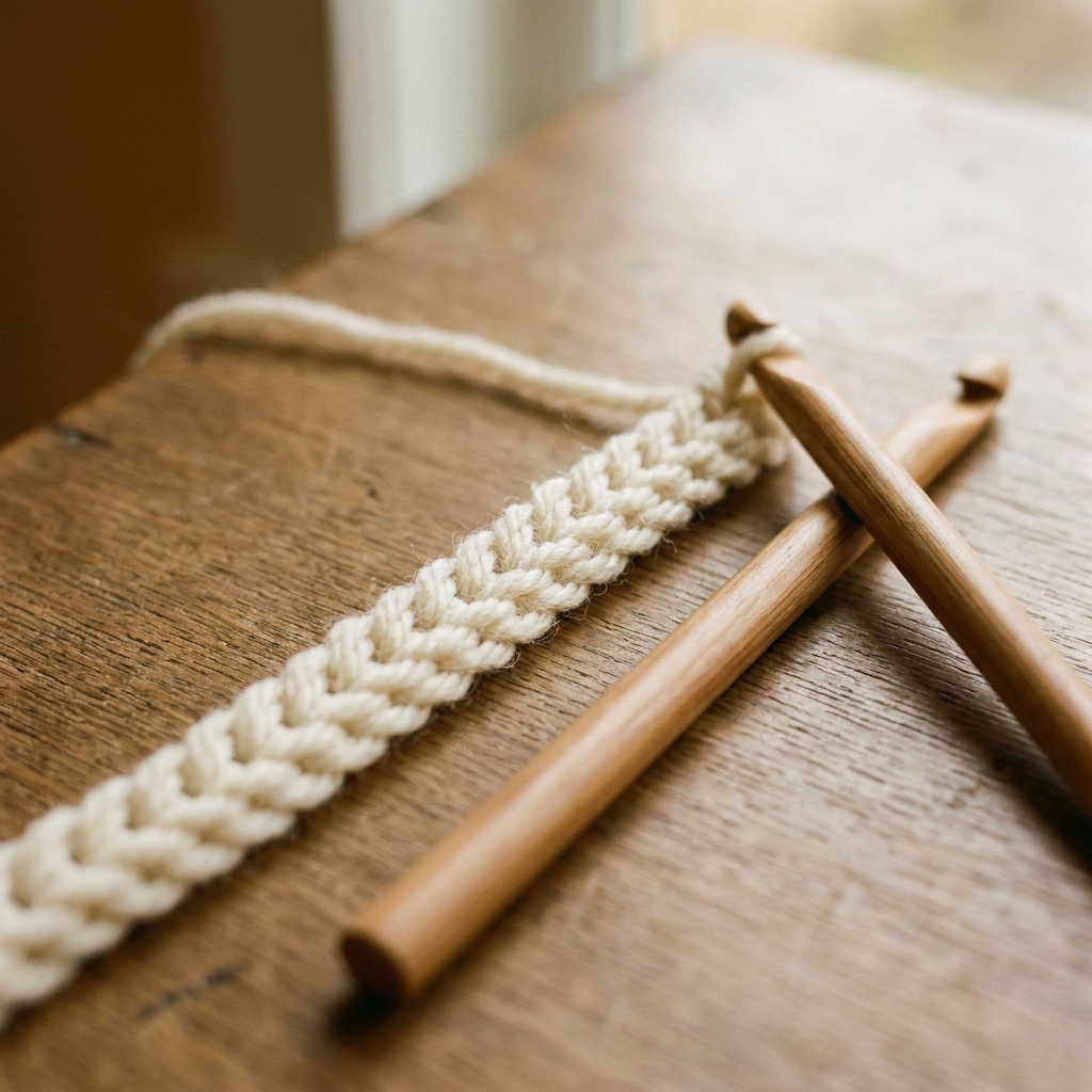 Close-up photo of a foundation chain in light-colored yarn showing even V-shaped stitches and a crochet hook resting beside it