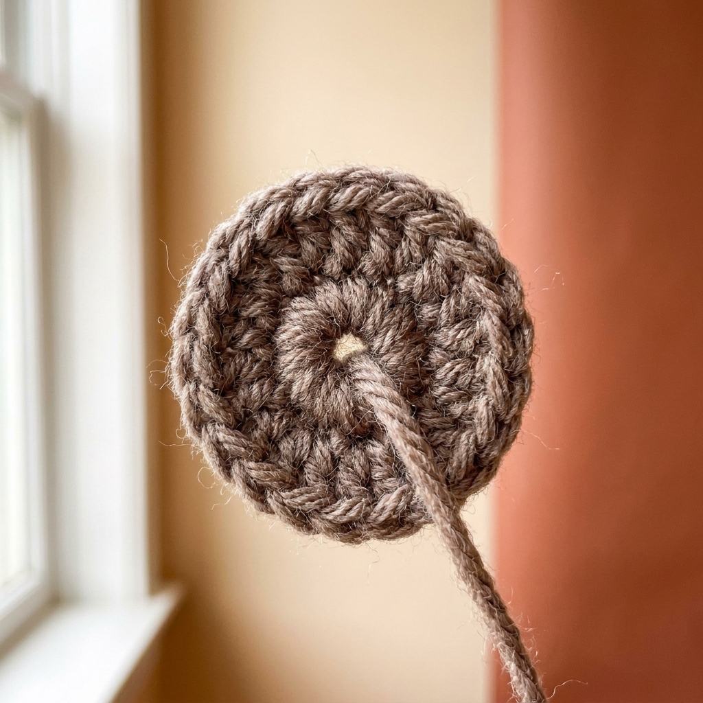 Close-up photograph of a small first round of single crochet stitches worked into a magic ring, with the yarn tail visible for tightening