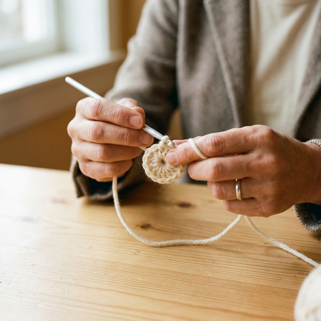 Close-up photograph of hands forming a crochet magic ring with worsted-weight yarn and an aluminum crochet hook on a light wooden table