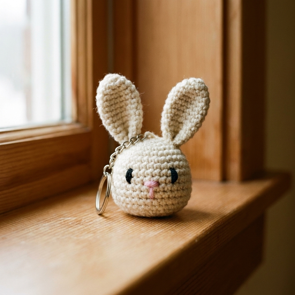 Crocheted bunny head keychain with stitched facial features and a small metal keyring in natural window light