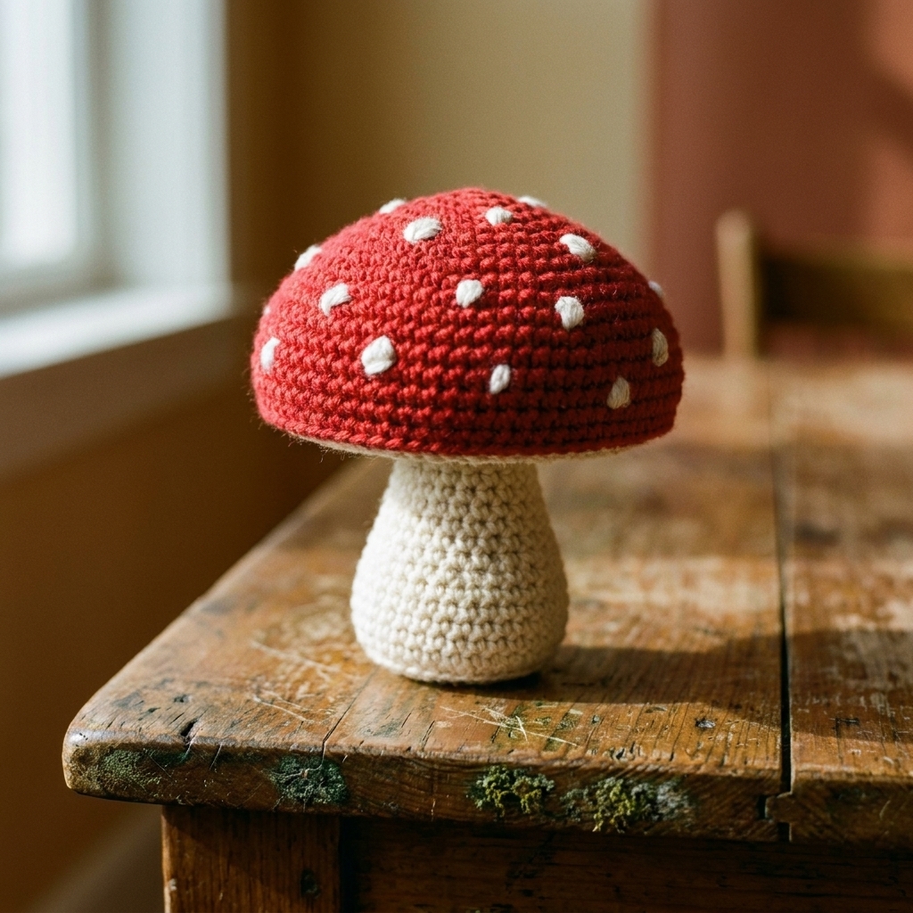 Crocheted mushroom amigurumi with a red cap and white spots, sitting on a rustic wooden surface