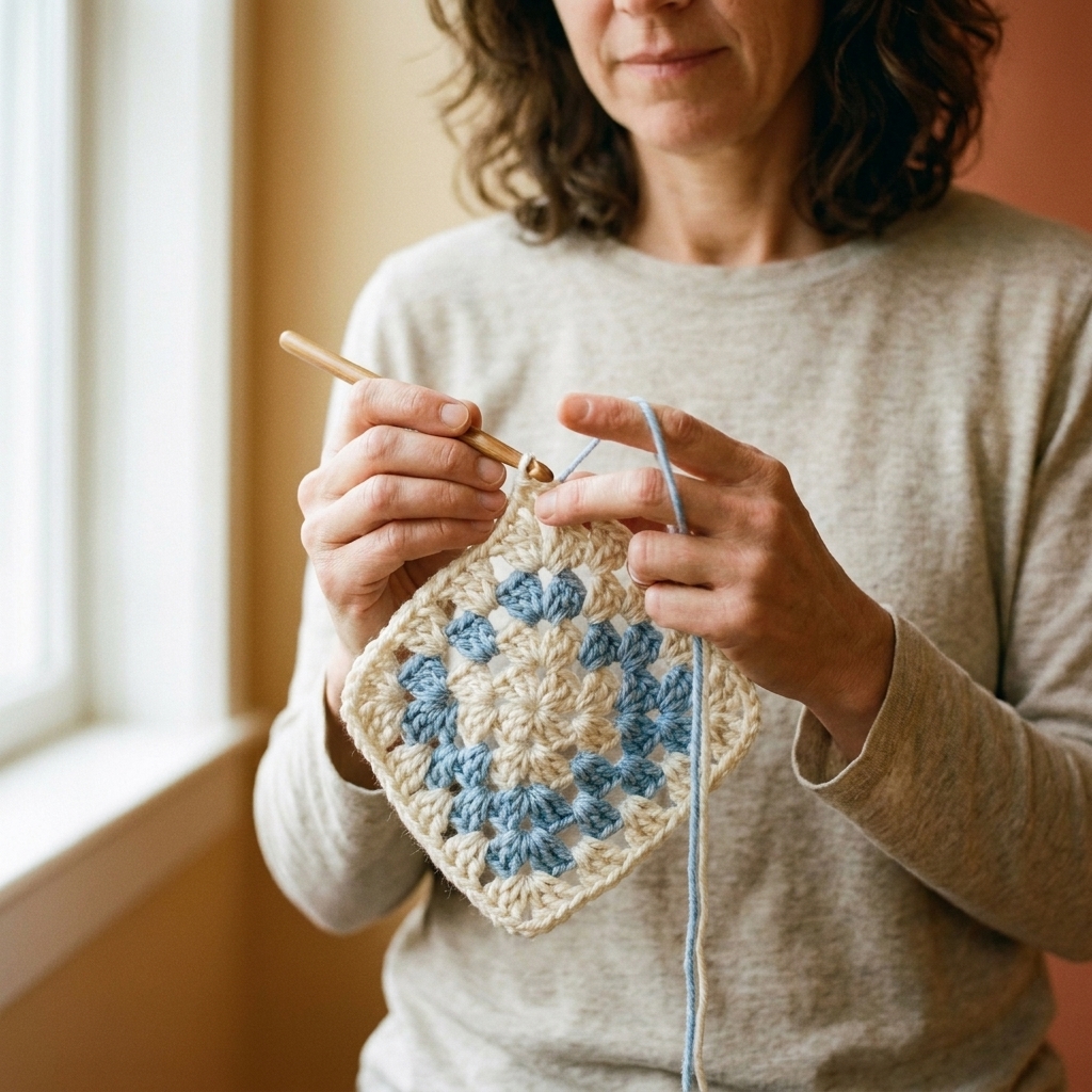 Hands crocheting a classic granny square with double crochet clusters and corner chain spaces using medium weight yarn
