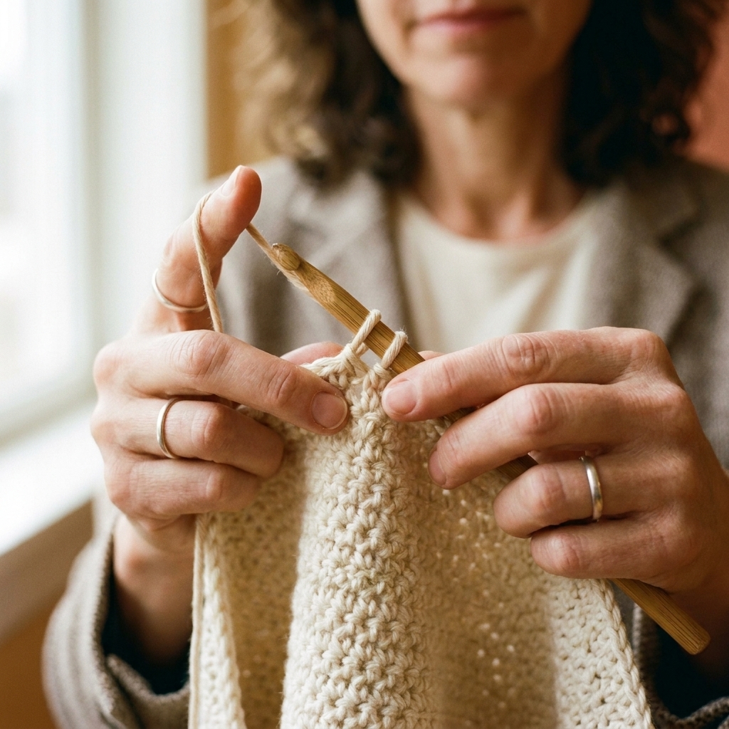 Hands demonstrating a single crochet stitch with two loops on the hook before pulling through, using smooth light yarn