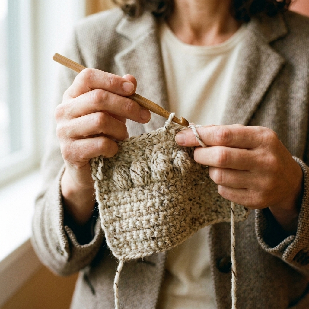 Hands forming a popcorn stitch with a crochet hook on a medium-weight yarn swatch, with the popcorn bump protruding outward