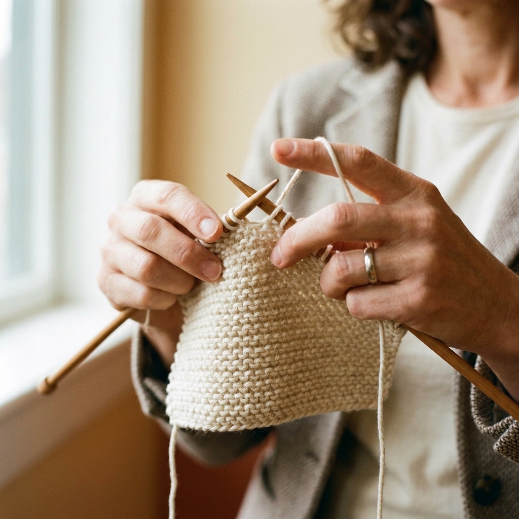 Hands holding a cotton yarn swatch while knitting with medium-size needles, showing the yarn feeding through the fingers and the stitches on the needle