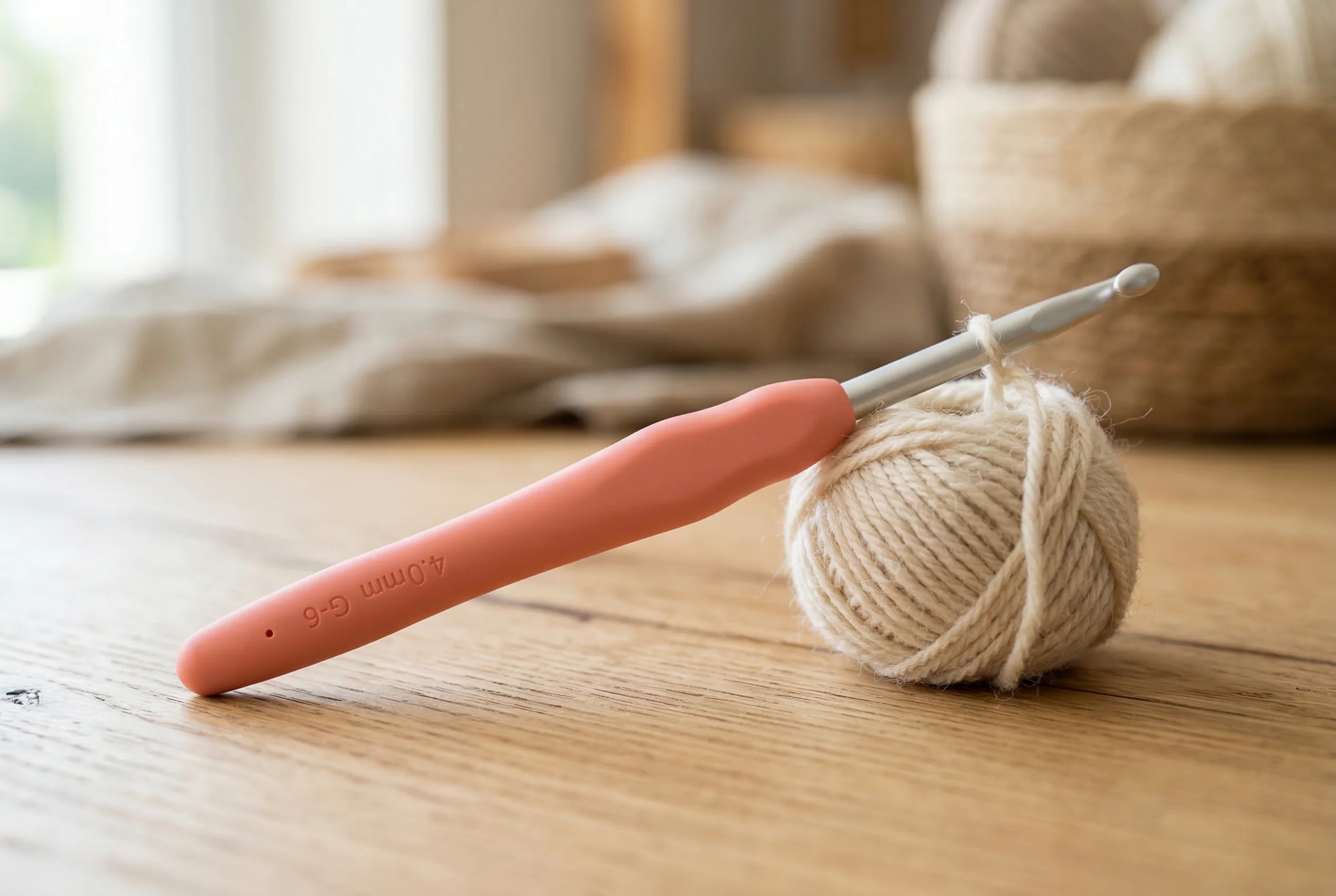 Hands holding a crochet hook while working stitches with a smooth medium-weight yarn