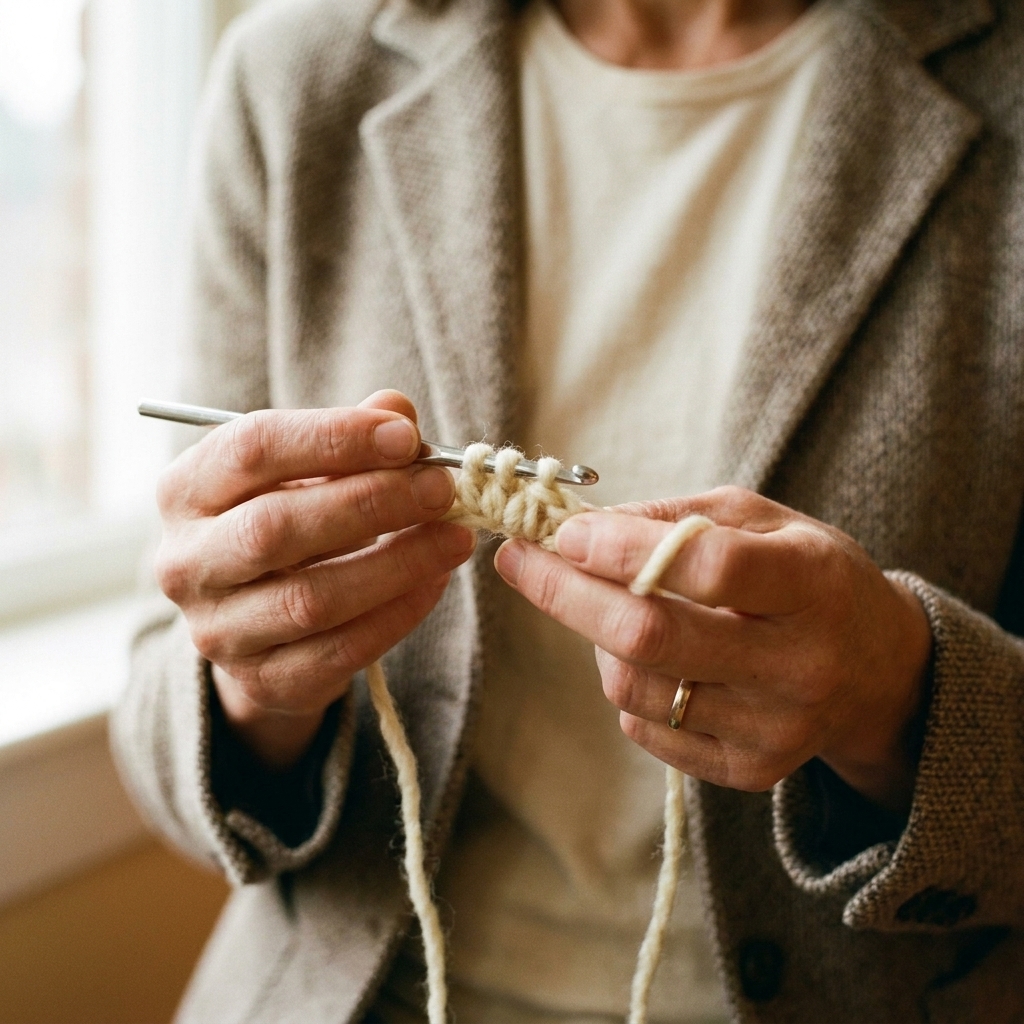Hands holding a crochet hook working a puff stitch in light-colored yarn, with several loops visible on the hook