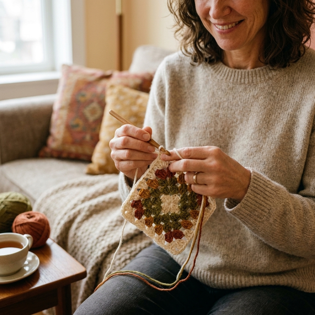 Hands holding a granny square in progress with a crochet hook and yarn, mid-stitch, on a cozy couch