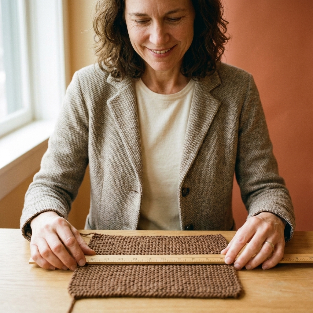 Hands holding a knitted swatch flat on a table while using a ruler to measure stitch gauge across the center