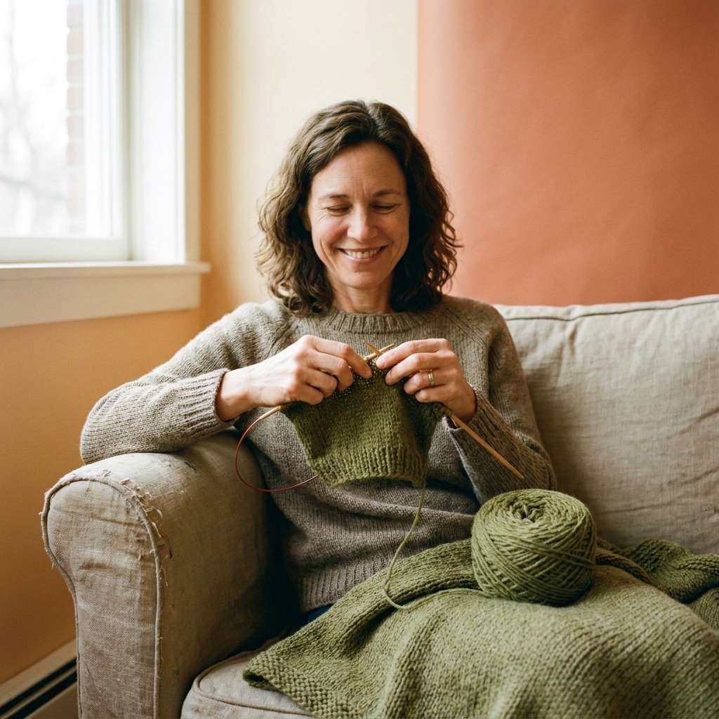 Hands holding a partially finished knitted swatch on circular needles with a ball of yarn nearby on a cozy couch in soft window light