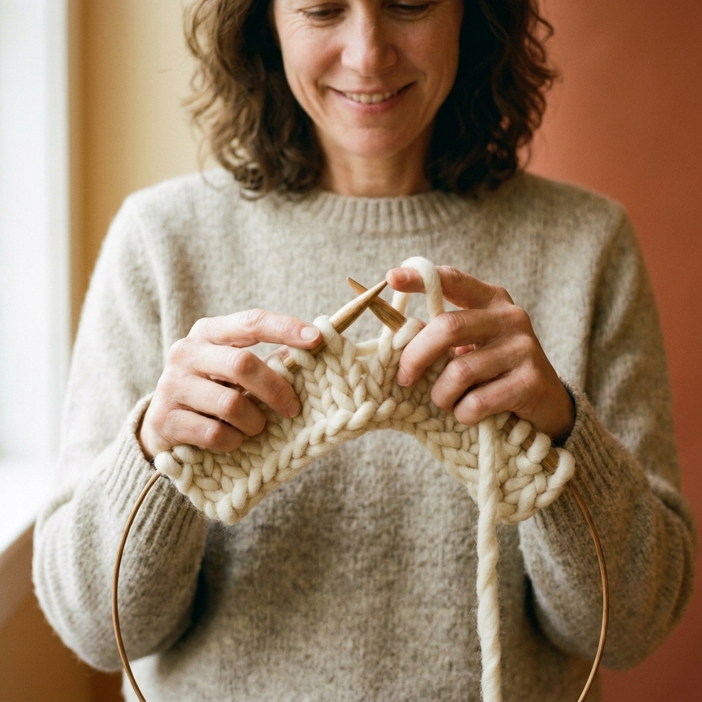Hands holding circular knitting needles with thick jumbo yarn, stitches resting on the cable