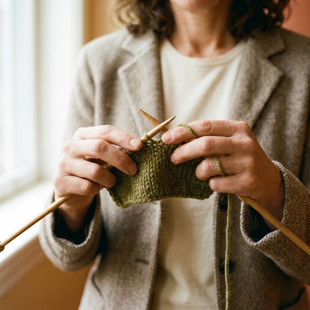Hands holding knitting needles while working an SSK decrease, with two slipped stitches being knit together
