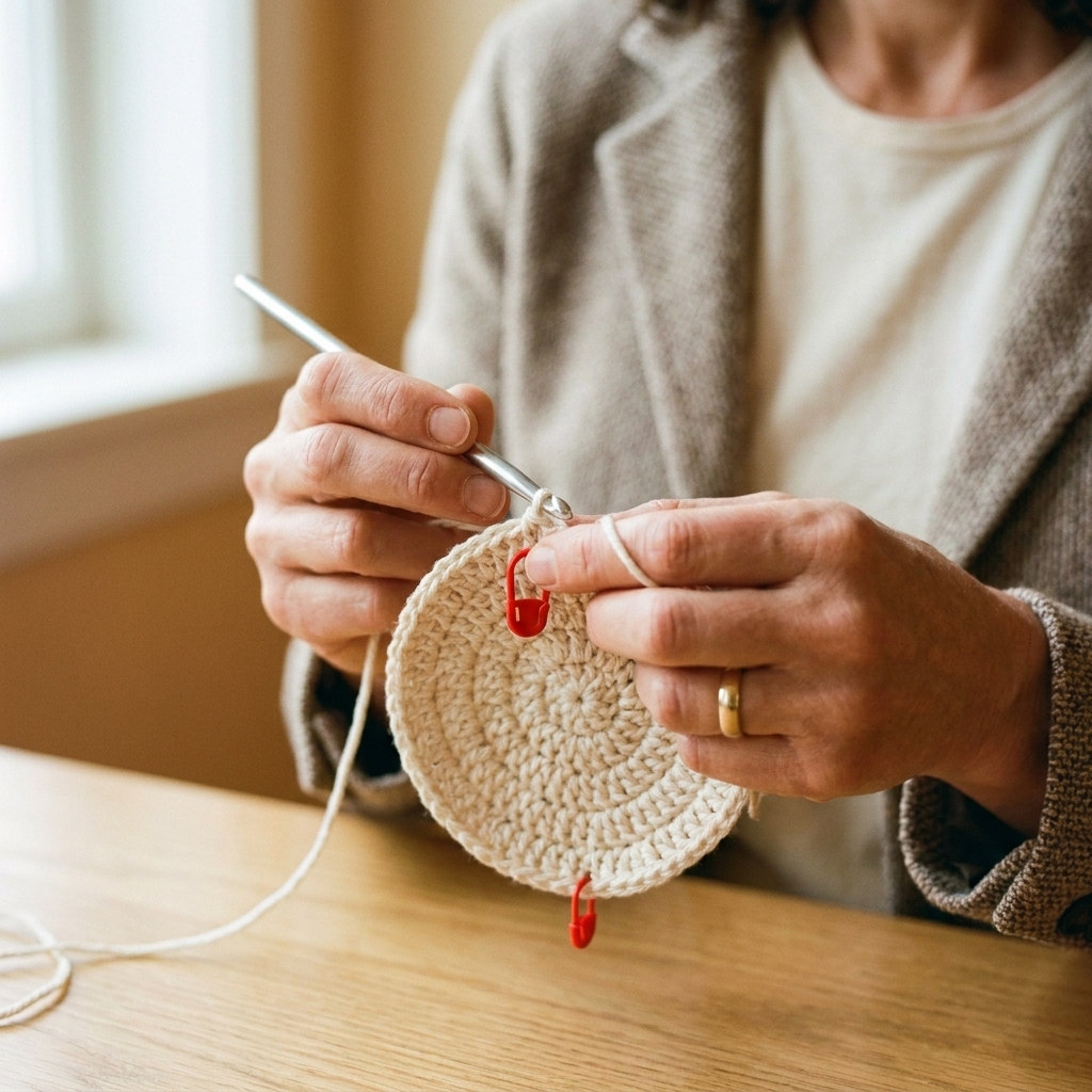 Hands using a crochet hook to make a slip stitch join at the top of a round, with a small stitch marker clipped nearby