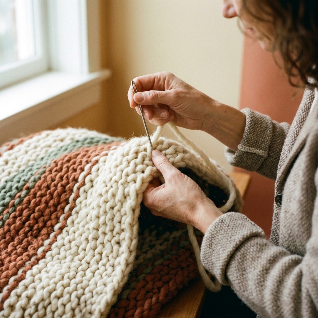 Hands using a large tapestry needle to weave in an end on a thick garter stitch blanket