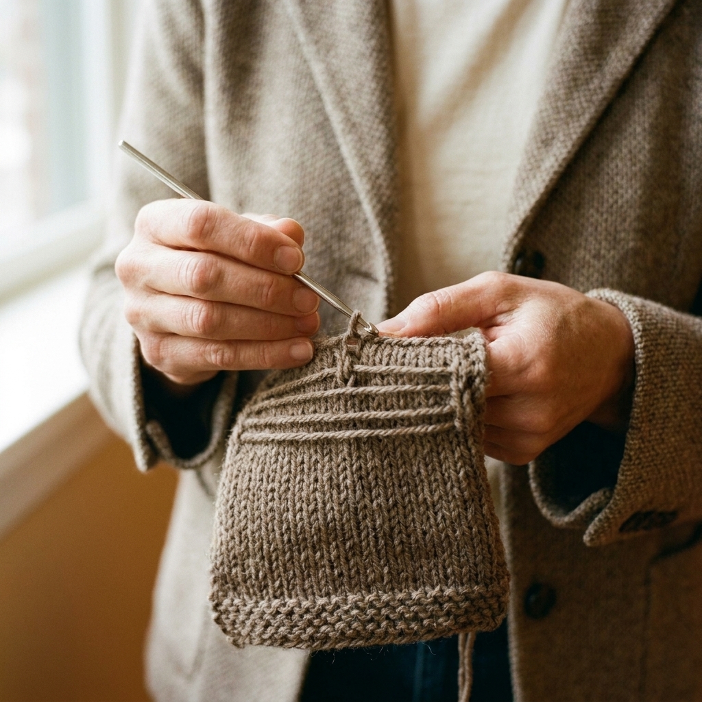Hands using a small crochet hook to ladder a dropped knit stitch back up through horizontal bars on a knitted swatch