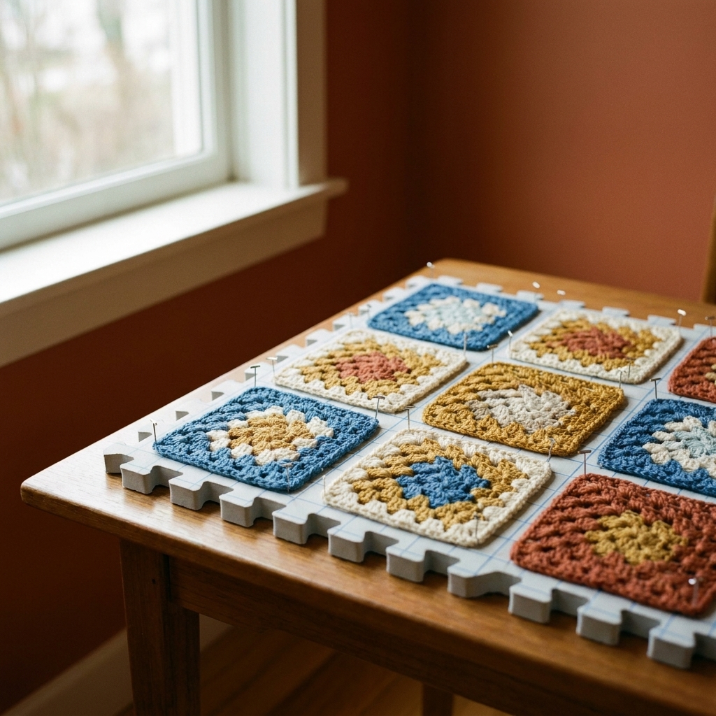 Several crochet granny squares pinned into perfect squares on a gridded foam blocking mat, drying near a window