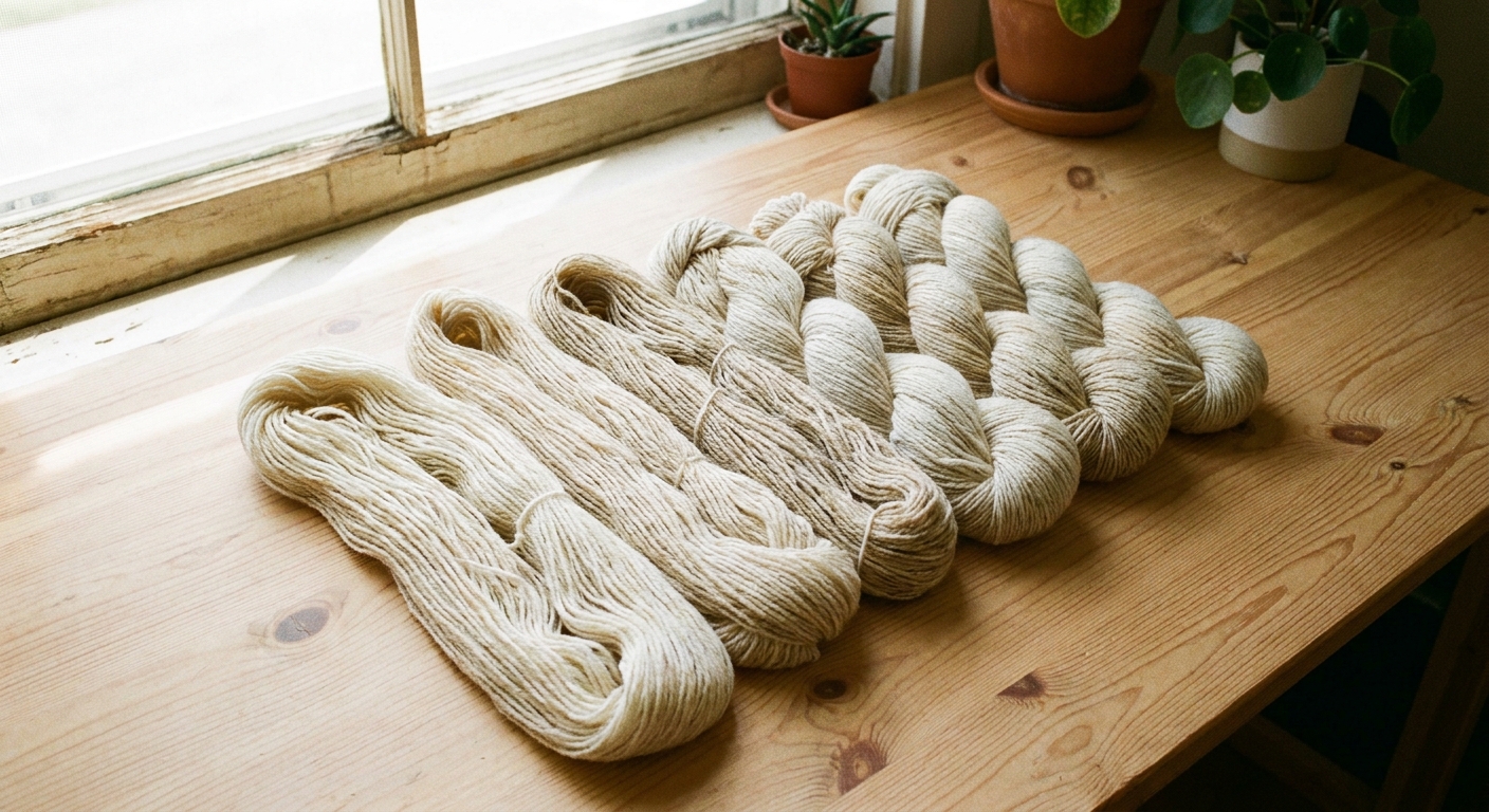 Several strands of same-color yarn laid on a light wooden table near a bright window to show subtle tone differences