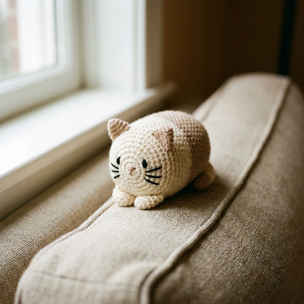 Small crocheted cat loaf amigurumi with tiny ears and embroidered whiskers, sitting on a neutral couch cushion