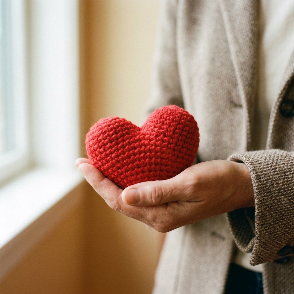 Small crocheted heart plush in red yarn resting in a person’s hand with a softly blurred background