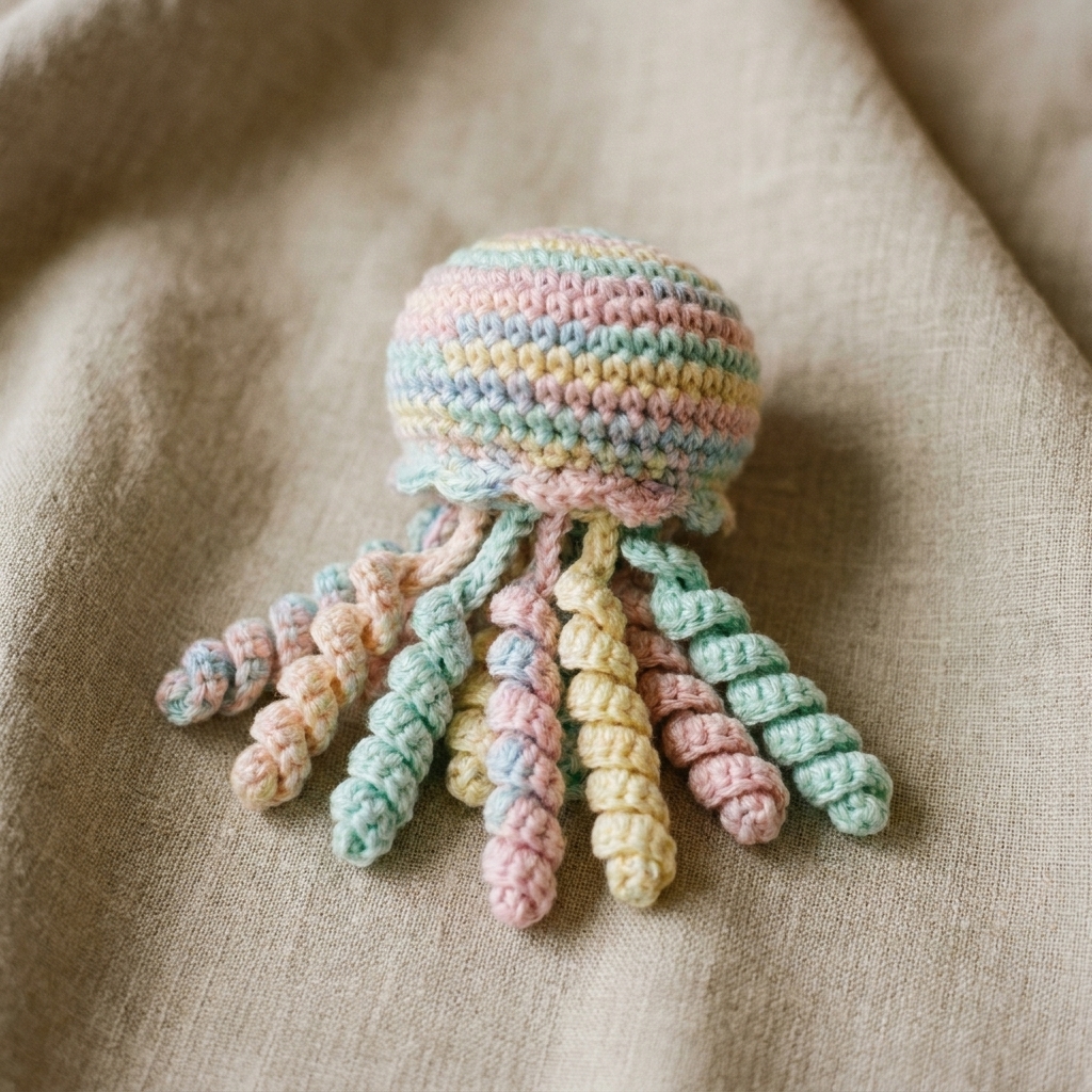 Small crocheted jellyfish amigurumi in pastel yarn with curled tentacles, sitting on a neutral fabric background