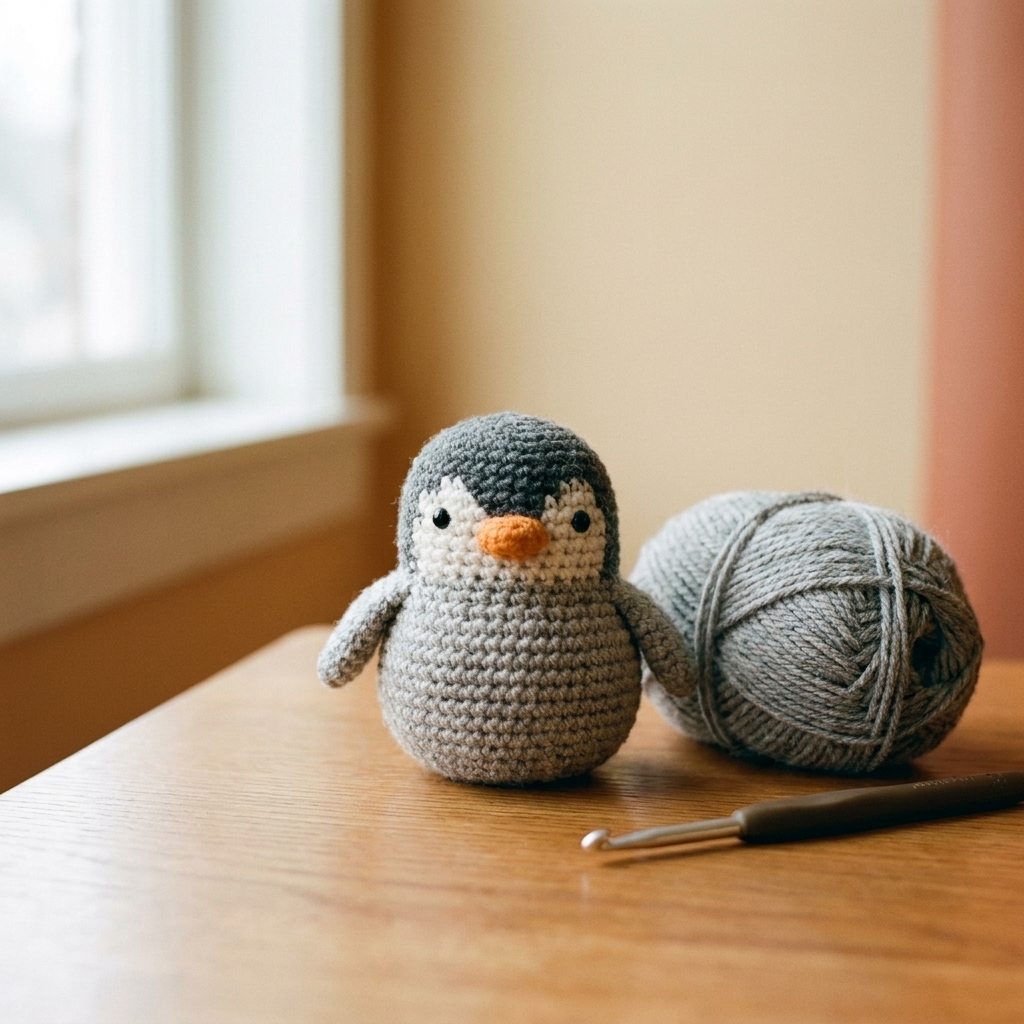 Small crocheted penguin amigurumi with a round body, tiny wings, and an orange beak, sitting beside a ball of yarn