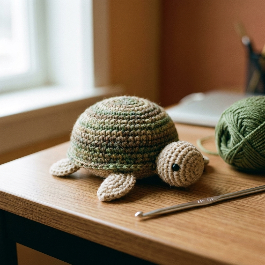 Small crocheted turtle amigurumi with a domed shell and little flippers, placed on a desk next to a crochet hook
