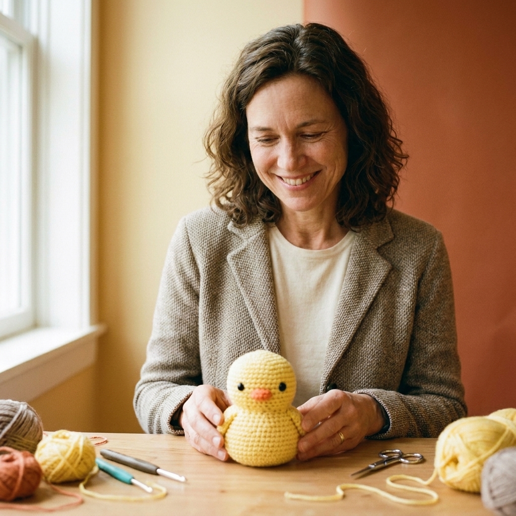 Small crocheted yellow chick amigurumi with a tiny orange beak and round black eyes on a craft table